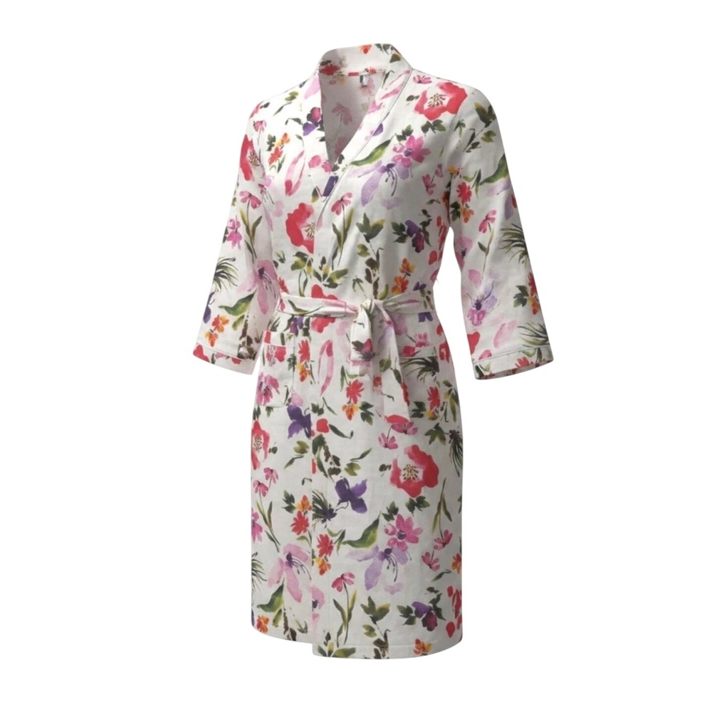 Petite Plume Kids Floral Watercolor Cotton Robe White Pink Purple Size 9/10 NEW